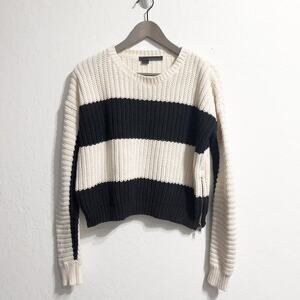 360 Sweater Knit Pullover XS Zipper Stripe Black White Crop Crew Neck